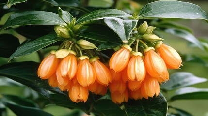 Evergreen Many Flowered Spindle Tree with Orange Fruits and Seeds Surrounded by Lush Green Foliage in a Devon Garden England