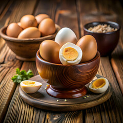 Fototapeta premium side view of boiled eggs with a bowl on wooden rust