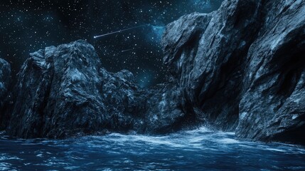 Perseid meteor shower over rocky coastline with starry night sky and ocean waves illuminated by celestial events