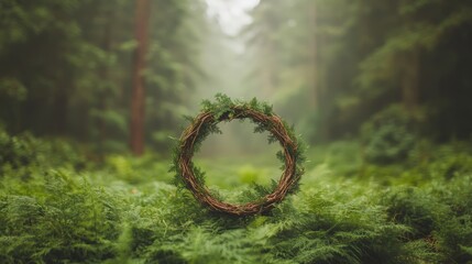 Serene Forest Scene with Natural Wreath Surrounded by Lush Green Ferns and Misty Background