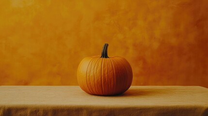 Single pumpkin on a table with a textured orange backdrop perfect for autumn harvest themes and seasonal decorations.