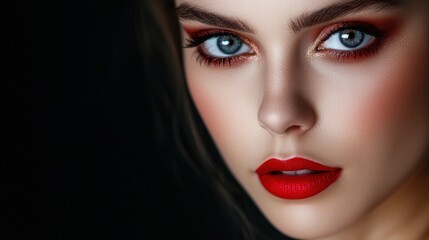A woman with red lipstick and blue eyes