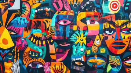 Obraz premium A vivid representation of cultural unity with a large, colorful mural created by artists from different cultural backgrounds, symbolizing artistic and cultural integration