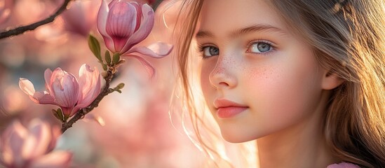 Fototapeta premium Girl in pink dress with magnolia blossoms in soft light showcasing innocence and beauty in springtime garden setting.