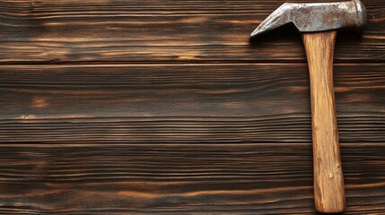 Rustic wooden background featuring an old hammer symbolizing construction tools and craftsmanship in a detailed close-up shot.
