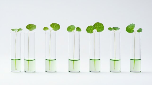 Centella asiatica leaves in test tubes for cosmetic research and biological experiments on plant extraction and applications in skincare products