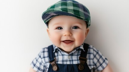 Smiling baby boy wearing a green checkered cap with a plaid shirt against a bright white background