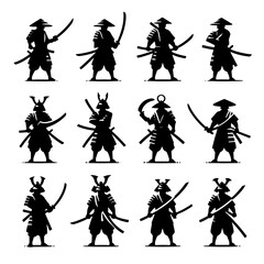 Twelve Silhouettes of  Samurai Warriors,  Ancient Japanese  Swordsmen in Black and White Graphic Design