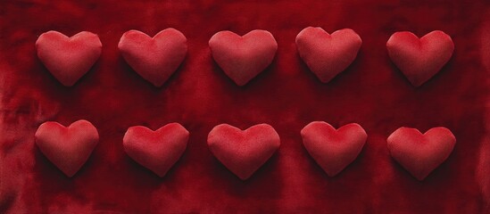 Valentine's Day flat lay with textile red hearts on rich red velvet background love theme space for personalized text