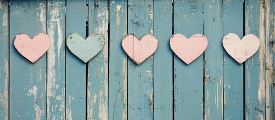 Wooden backdrop adorned with pastel hearts perfect for romantic themes and Valentine's Day decorations