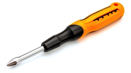 Orange plastic screwdriver with black grip isolated on white background for tool and hardware related designs and applications