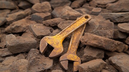 Vintage metal hand tools including various spanners resting on a bed of rugged stones in a rustic setting