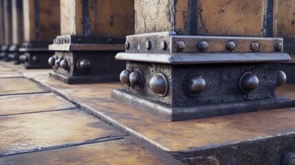 Industrial platform leg connection detail showcasing robust metal structure and textured surface in a vintage architectural setting.