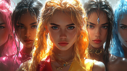 Obraz premium Colorful group of young women with striking hairstyles and bold styles posing confidently outdoors during daylight. Generative AI