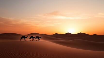 A group of camels are walking across a desert at sunset