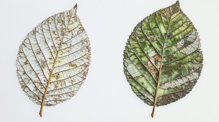 Obraz premium Mulberry green and dried leaf on a white background showcasing distinct textures in an herbarium collection concept