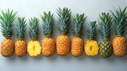 Fototapeta premium Pineapple variety display whole and sliced on a white background showcasing different stages of pineapple preparation and freshness