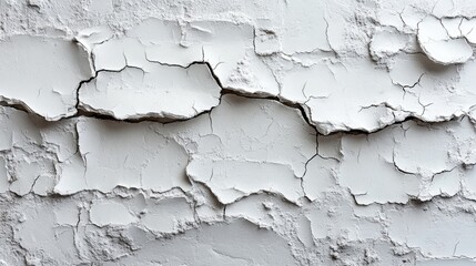 Obraz premium Cracked white plaster wall texture showcasing a weathered surface ideal for backgrounds and design projects focused on renovation and decay.