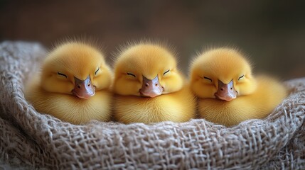 Three adorable fluffy yellow ducklings snuggled together in a cozy nest enjoying peaceful sleep in a warm, inviting setting