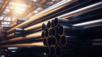 Stacked steel pipes reflecting sunlight in an industrial warehouse showcasing raw materials for construction and manufacturing purposes