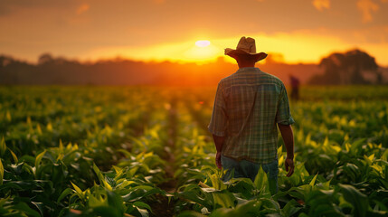 Fototapeta premium A male worker farmer standing in a middle of surgarcane farm in the evening sunset