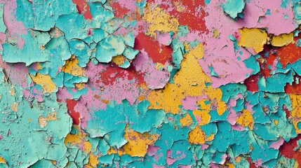 Vibrant cracked paint texture on metal surface showcasing colorful layers of turquoise pink and yellow in intricate patterns