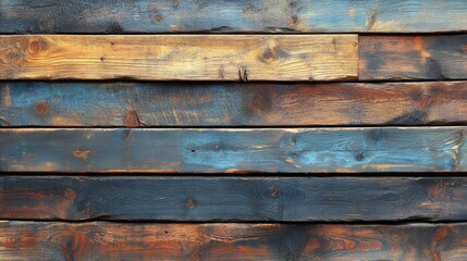 Naklejka premium Weathered wooden planks in a colorful textured arrangement highlighting the rustic charm and aged character of natural wood surfaces