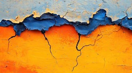 Fototapeta premium Colorful cracked wall texture with vibrant orange blue and yellow hues showcasing weathered paint and layered surface details