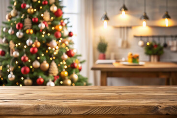 Festive Christmas kitchen bokeh background with empty wooden table.