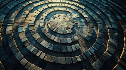 Spiral Cobblestone Pavement Top View Textured Background of Circular Stone Design Urban Architecture Close Up of Manhole Cover