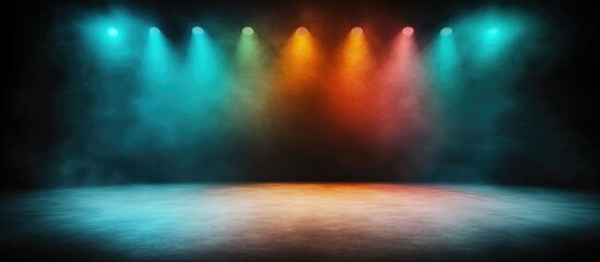 Stage lighting with colorful spotlights and defocused background creating a vibrant atmosphere for performances or events.