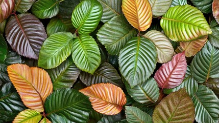 Vibrant assortment of green and colorful rose leaves showcasing natural textures and variations in foliage for botanical design use