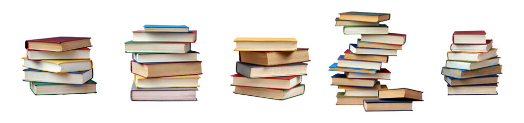 Stacks of various books arranged in different formations showcasing diverse colors and sizes on a clean a white background