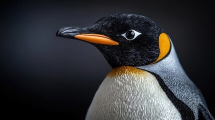 Naklejka premium A penguin with orange beak and orange feet is standing on a black background