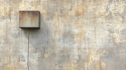 Rustic metal box mounted on a textured wall with visible wires creating an industrial aesthetic and minimalist design elements
