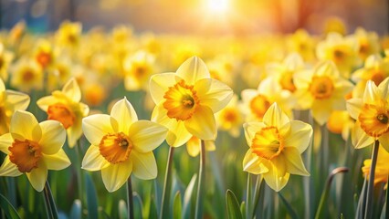 Obraz premium A field of bright yellow daffodils basking in the warm glow of the setting sun, creating a picturesque scene of springtime beauty.