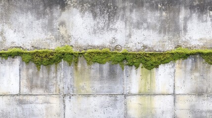 Moss-covered concrete wall texture with vibrant green moss against a gray background showcasing natural aging and weathering effects.