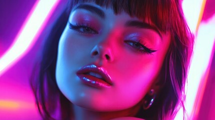 Naklejka premium High fashion model woman in colorful bright neon lights posing in studio. Beautiful sexy girl, trendy glowing makeup, metallic silver lips