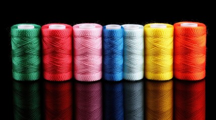 Vibrant collection of colorful wool threads displayed against a sleek black background showcasing rich hues and textures for crafting and sewing.