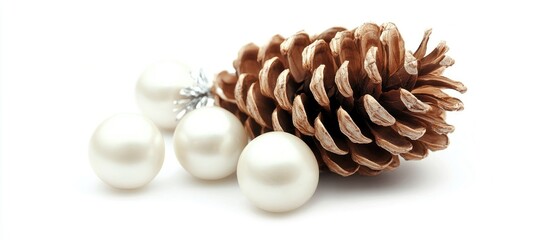 Obraz premium Pine cone and decorative balls on a white background ideal for seasonal or holiday-themed designs