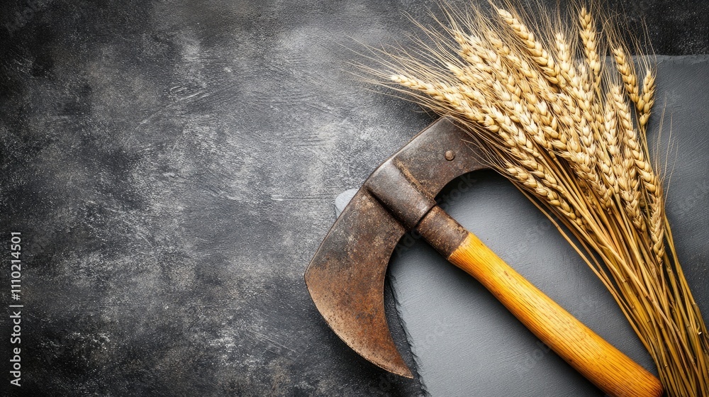 Poster vintage sickle with ears of wheat placed on a textured gray surface symbolizing traditional harvesti