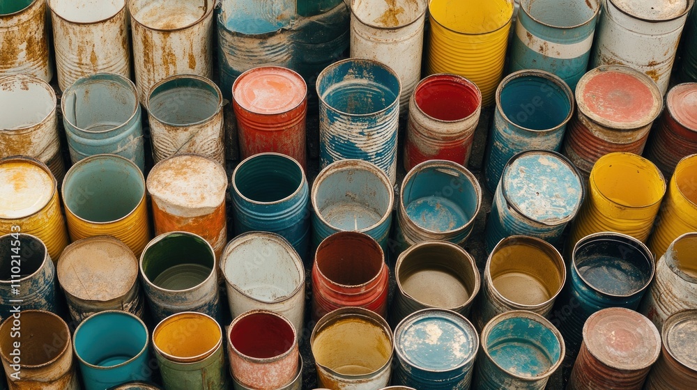 Poster colorful arrangement of vintage metal cans stacked in a visually appealing pattern showcasing rustic
