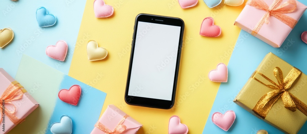 Poster mobile phone with blank screen surrounded by colorful gifts and hearts in a flat lay composition for