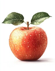 Fresh and Juicy Red Apple with Water Droplets and Green Leaves on a White Background for Healthy Eating and Lifestyle Concepts