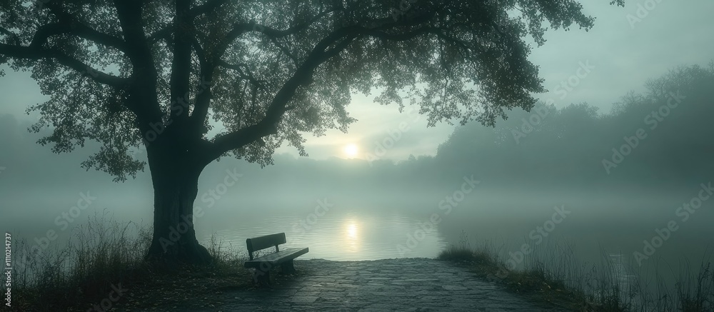 Poster serene misty landscape with tree and bench by tranquil lake at sunrise creating an atmosphere of mys