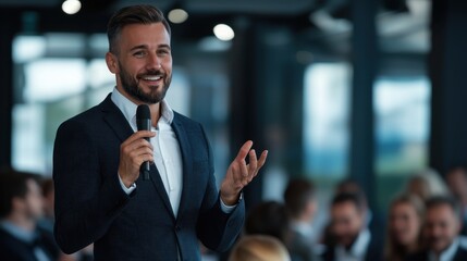 A man in a suit is giving a speech with a microphone