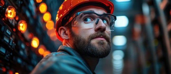 Technician inspecting server room equipment with optical reflectometer and safety gear focused on network diagnostics and maintenance