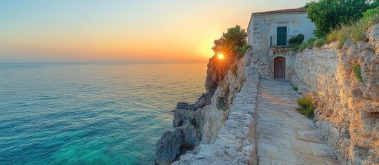 Sunset view of Vieste coastline with serene sea and rocky path leading to charming seaside building in Italy.