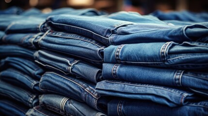 Stacked denim jeans in a clothing factory showcasing organized fabric ready for distribution and retail presentation.