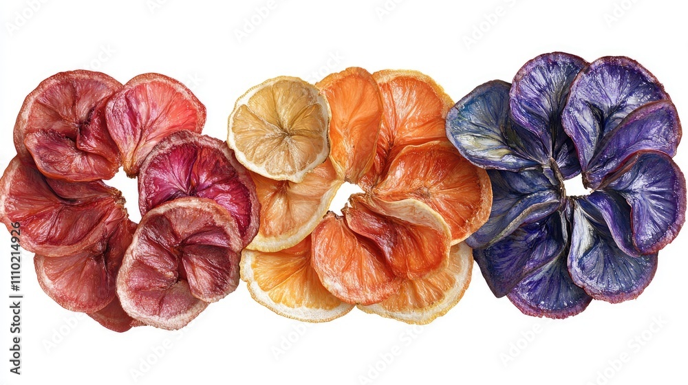 Poster dried colorful exotic fruit peels arranged on a white background showcasing vibrant hues and unique 